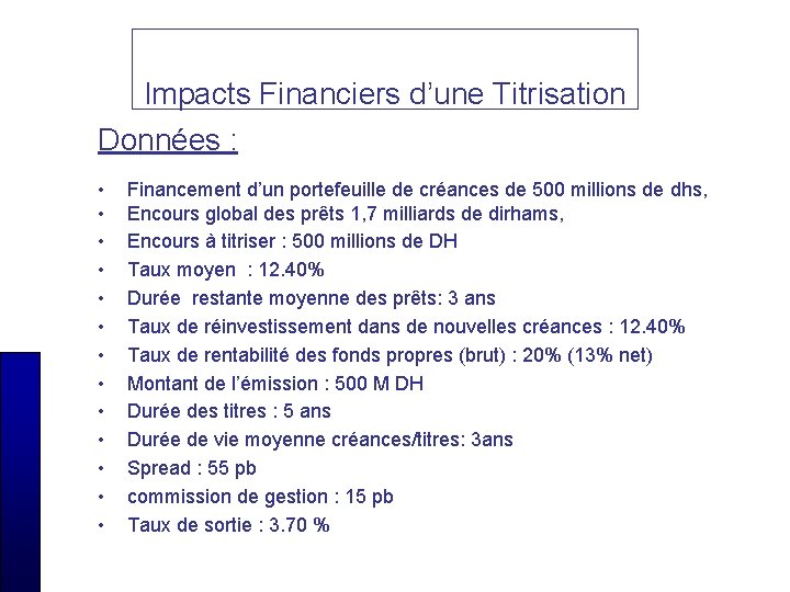 Impacts Financiers d’une Titrisation Données : • • • • Financement d’un portefeuille de