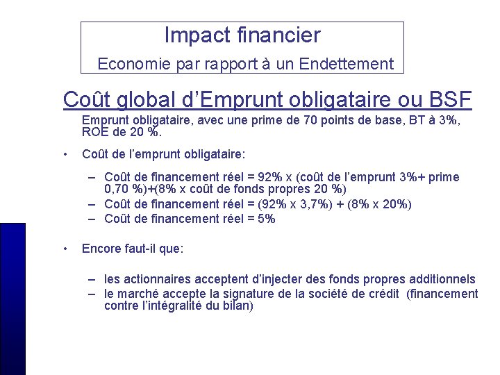 Impact financier Economie par rapport à un Endettement Coût global d’Emprunt obligataire ou BSF