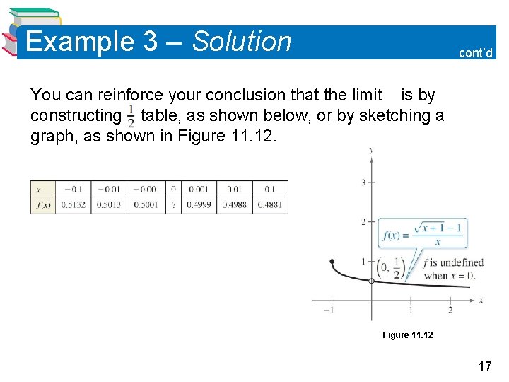 Example 3 – Solution cont’d You can reinforce your conclusion that the limit is Example 3 – Solution cont’d You can reinforce your conclusion that the limit is