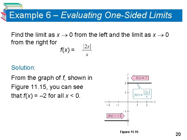 Example 6 – Evaluating One-Sided Limits Find the limit as x 0 from the Example 6 – Evaluating One-Sided Limits Find the limit as x 0 from the