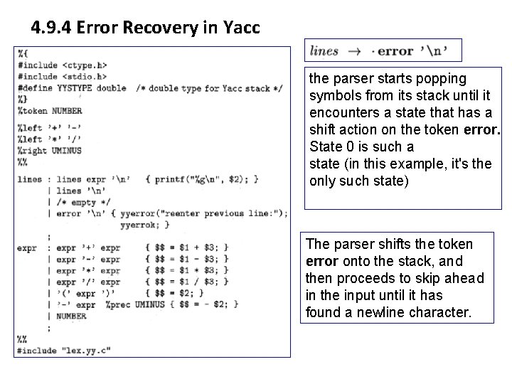 4. 9. 4 Error Recovery in Yacc the parser starts popping symbols from its 4. 9. 4 Error Recovery in Yacc the parser starts popping symbols from its