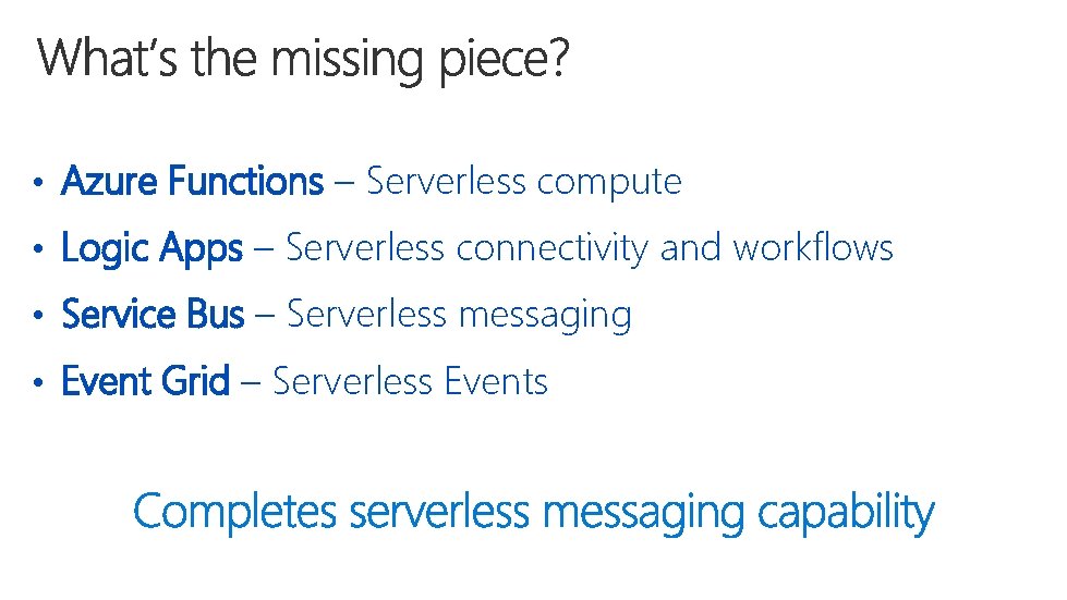  • Azure Functions – Serverless compute • Logic Apps – Serverless connectivity and
