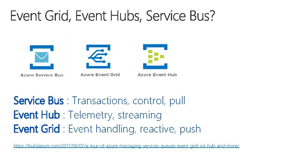 Service Bus : Transactions, control, pull Event Hub : Telemetry, streaming Event Grid :