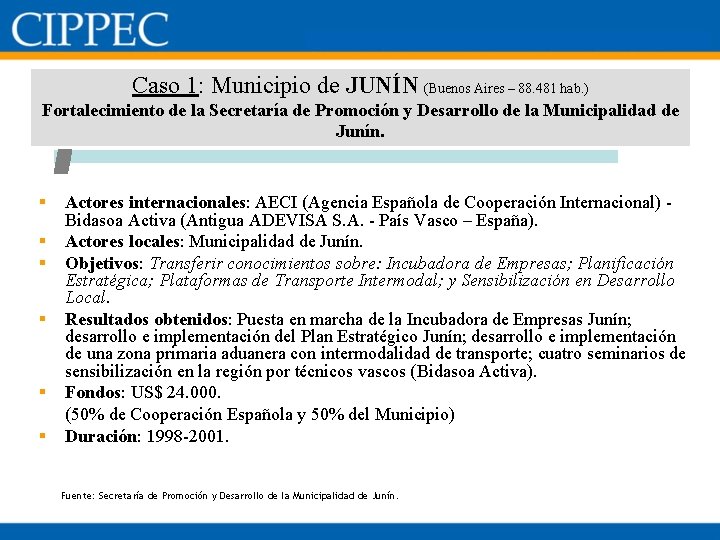 Caso 1: Municipio de JUNÍN (Buenos Aires – 88. 481 hab. ) Fortalecimiento de