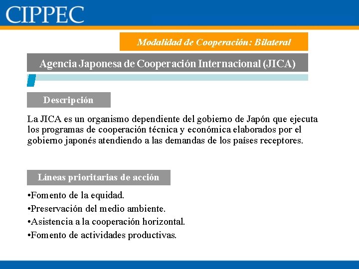 Modalidad de Cooperación: Bilateral Agencia Japonesa de Cooperación Internacional (JICA) Descripción La JICA es