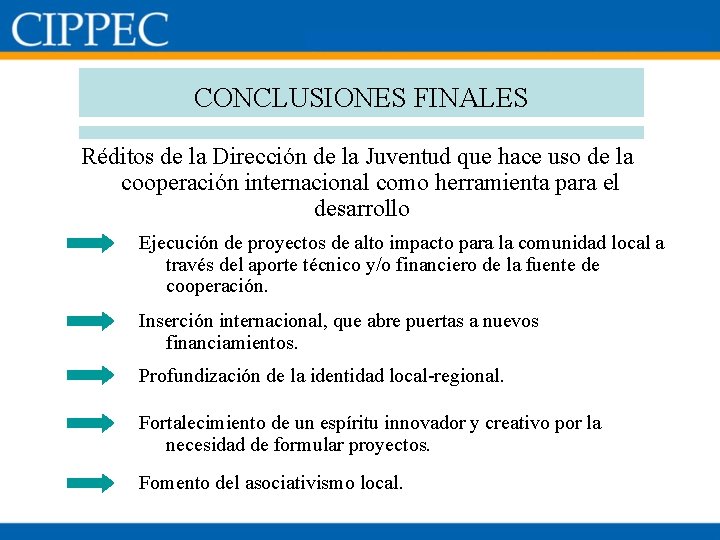 CONCLUSIONES FINALES Réditos de la Dirección de la Juventud que hace uso de la