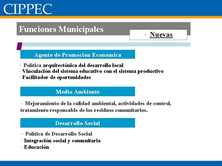 Funciones Municipales • Nuevas Agente de Promoción Económica • Política arquitectónica del desarrollo local