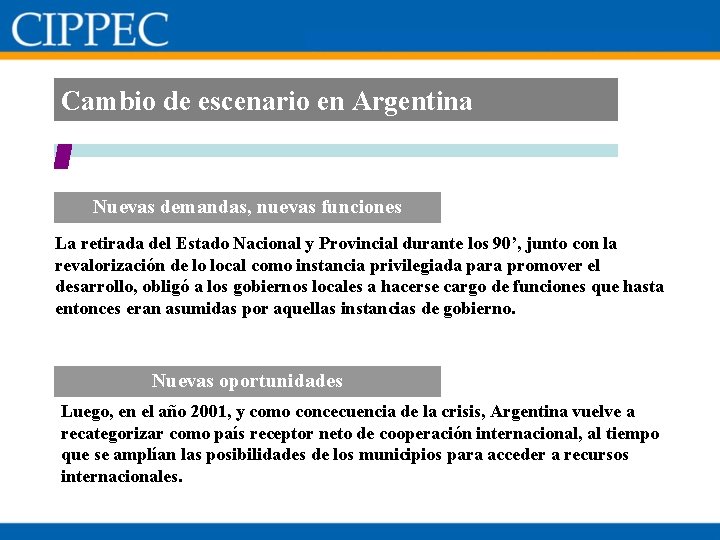 Cambio de escenario en Argentina Nuevas demandas, nuevas funciones La retirada del Estado Nacional