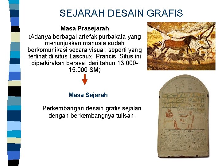 SEJARAH DESAIN GRAFIS Masa Prasejarah (Adanya berbagai artefak purbakala yang menunjukkan manusia sudah berkomunikasi