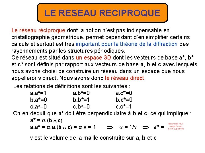 LE RESEAU RECIPROQUE Le réseau réciproque dont la notion n’est pas indispensable en cristallographie