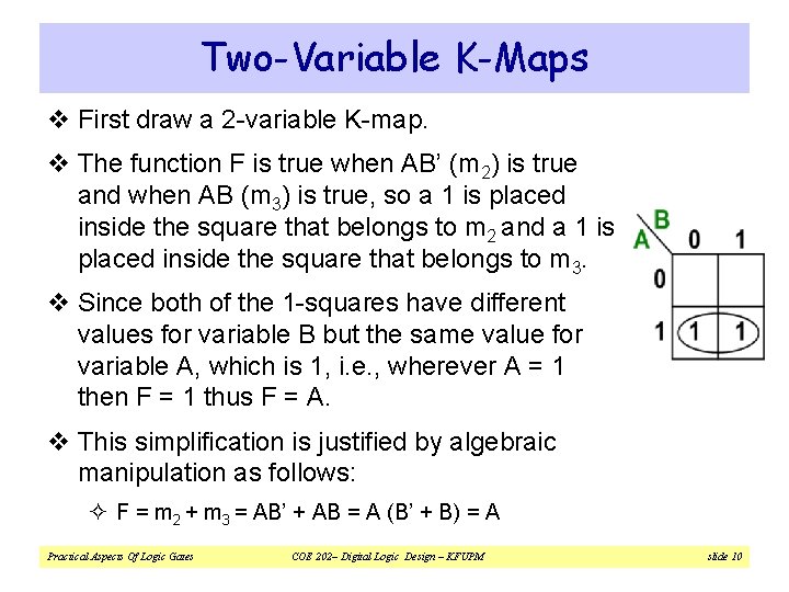 Two-Variable K-Maps v First draw a 2 -variable K-map. v The function F is