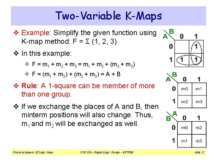 Two-Variable K-Maps v Example: Simplify the given function using K-map method: F = Σ