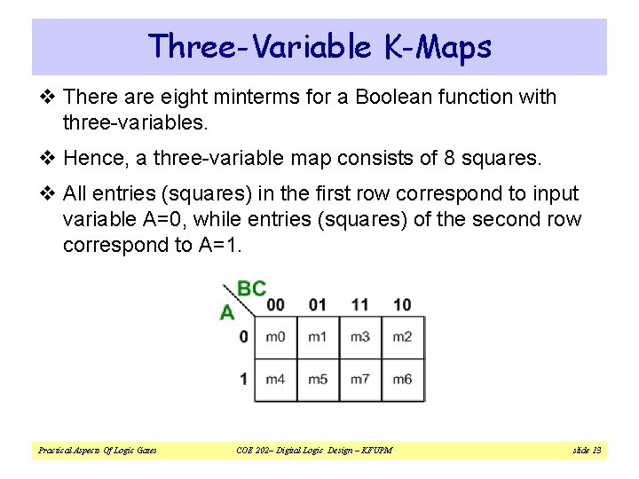 Three-Variable K-Maps v There are eight minterms for a Boolean function with three-variables. v