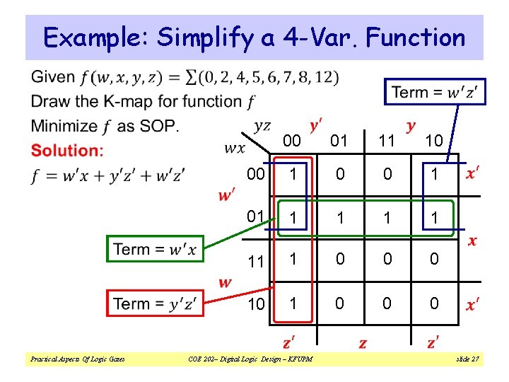 Example: Simplify a 4 -Var. Function v 00 01 11 10 00 1 01