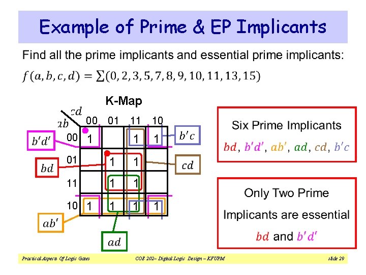 Example of Prime & EP Implicants v K-Map 00 00 01 1 11 10