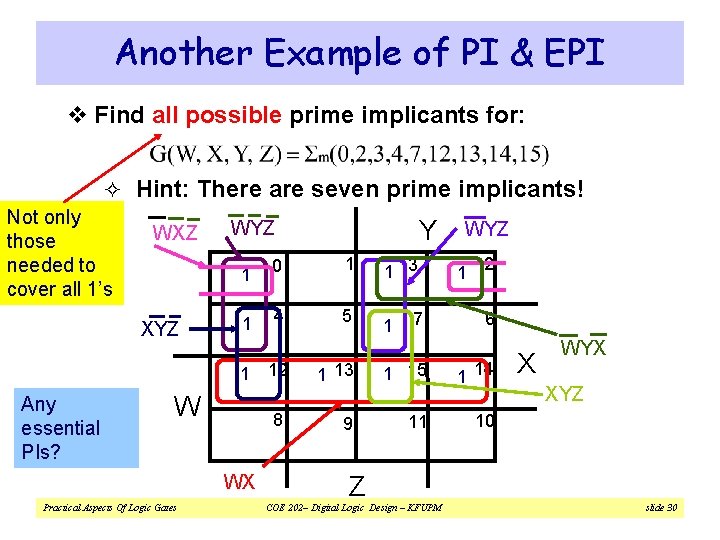 Another Example of PI & EPI v Find all possible prime implicants for: ²