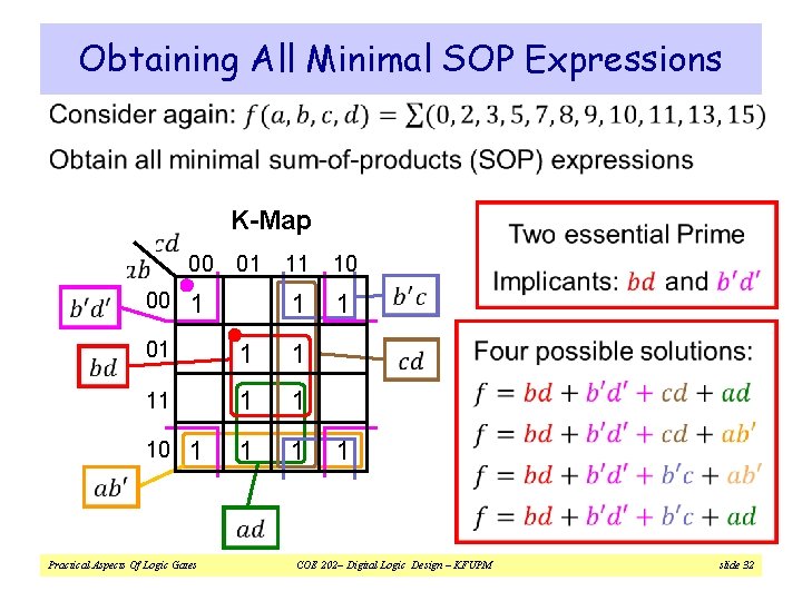 Obtaining All Minimal SOP Expressions v K-Map 00 00 01 1 11 10 1