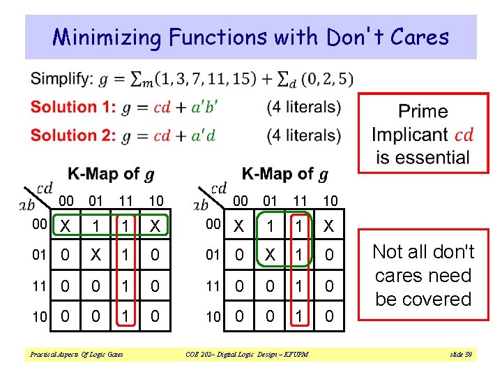 Minimizing Functions with Don't Cares v 00 01 11 10 00 X 1 1