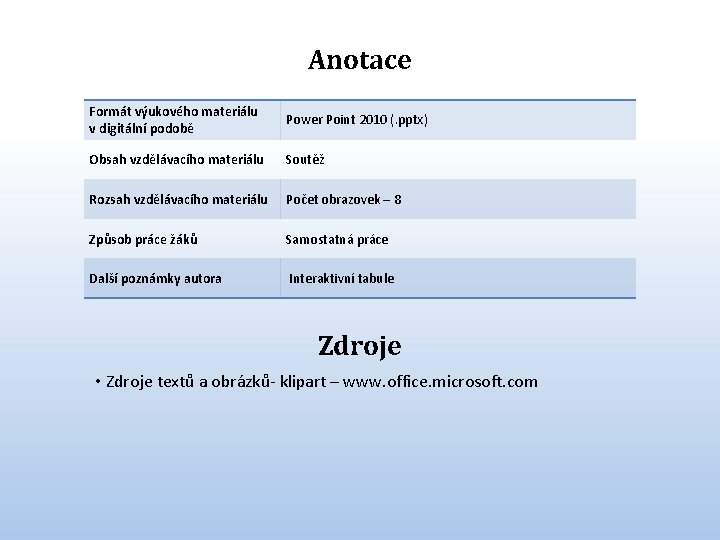 Anotace Formát výukového materiálu v digitální podobě Power Point 2010 (. pptx) Obsah vzdělávacího