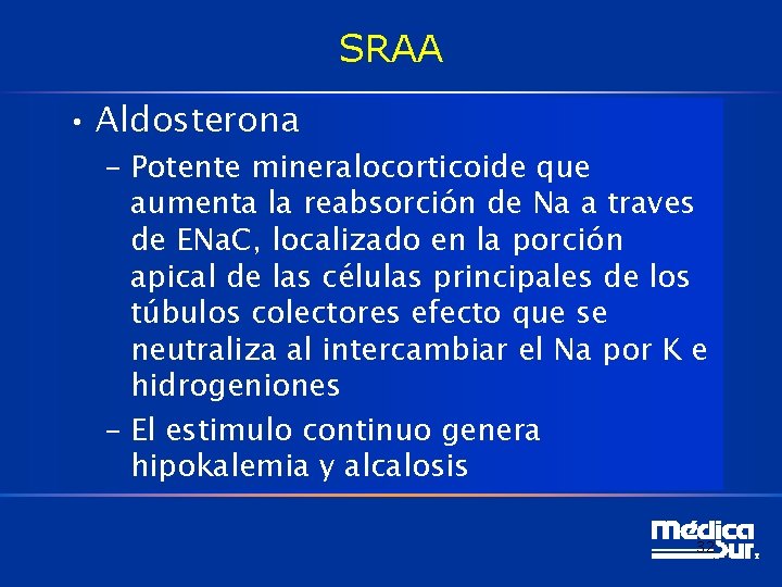 SRAA • Aldosterona – Potente mineralocorticoide que aumenta la reabsorción de Na a traves