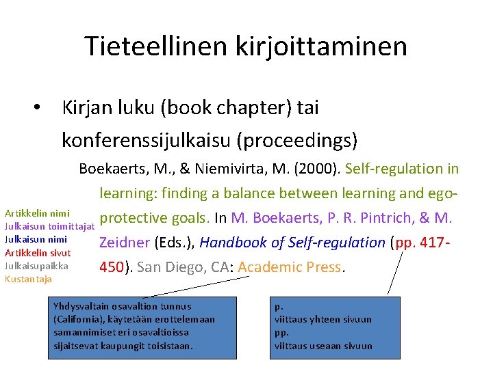 Tieteellinen kirjoittaminen • Kirjan luku (book chapter) tai konferenssijulkaisu (proceedings) Boekaerts, M. , &