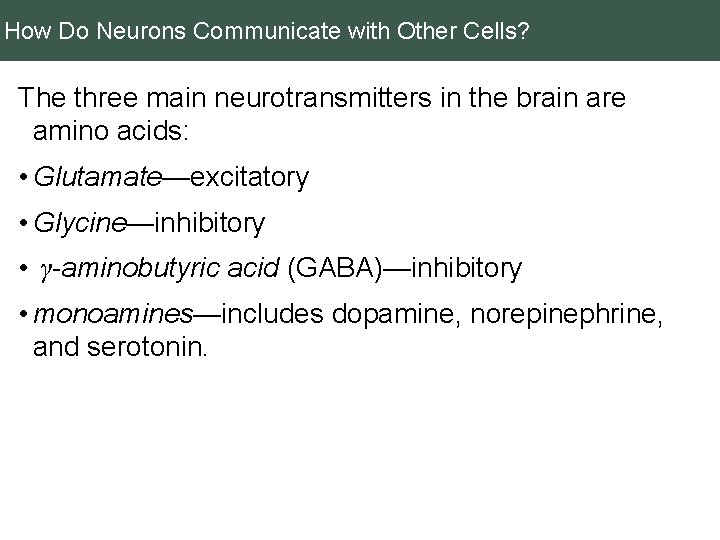 How Do Neurons Communicate with Other Cells? The three main neurotransmitters in the brain