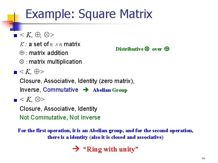 Example: Square Matrix < K, , > K : a set of n n