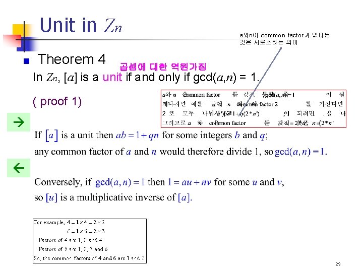 Unit in Zn Theorem 4 a와n이 common factor가 없다는 것은 서로소라는 의미 곱셈에 대한