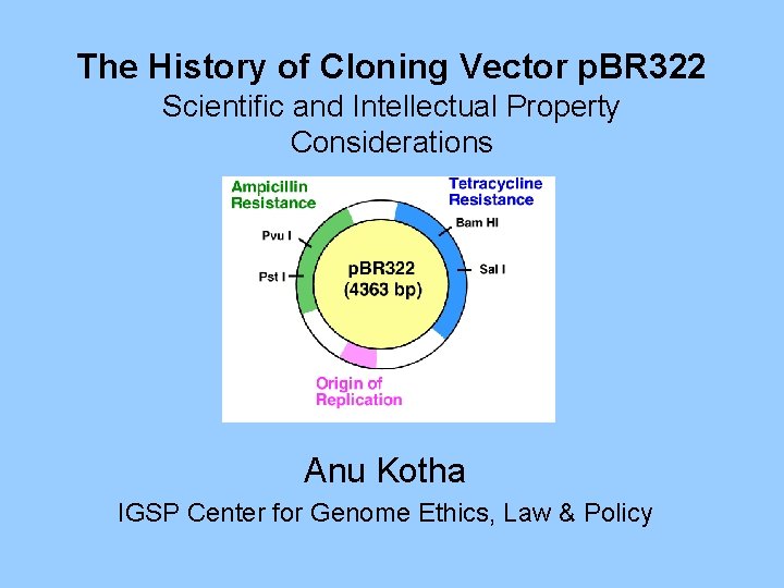 The History of Cloning Vector p. BR 322 Scientific and Intellectual Property Considerations Anu