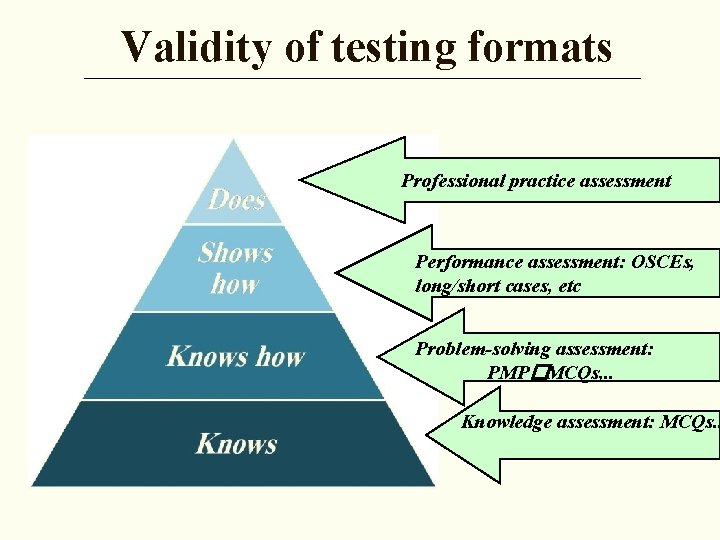 Validity of testing formats Professional practice assessment Performance assessment: OSCEs, long/short cases, etc Problem-solving