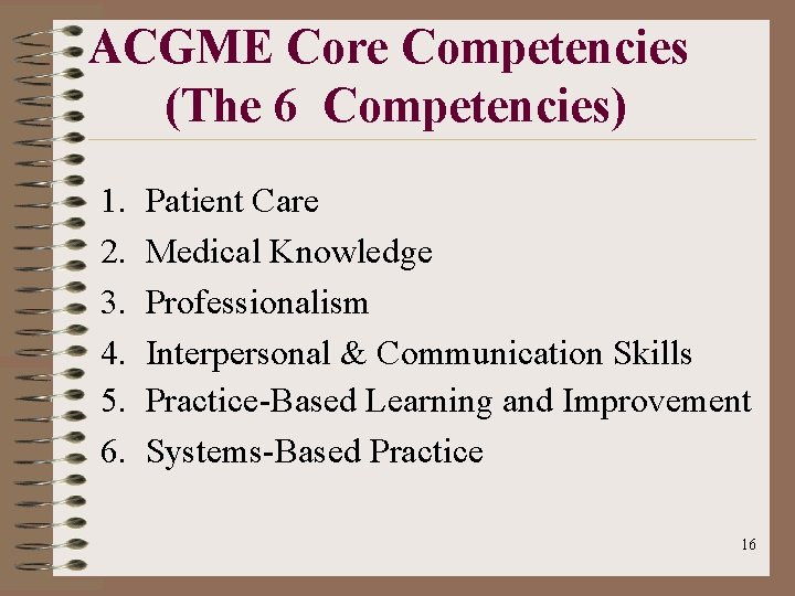 ACGME Core Competencies (The 6 Competencies) 1. 2. 3. 4. 5. 6. Patient Care