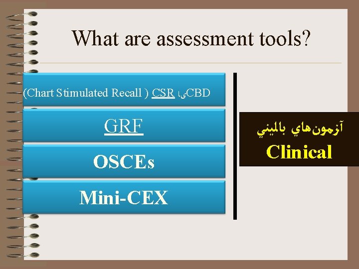 What are assessment tools? (Chart Stimulated Recall ) CSR یﺎ CBD GRF OSCEs Mini-CEX