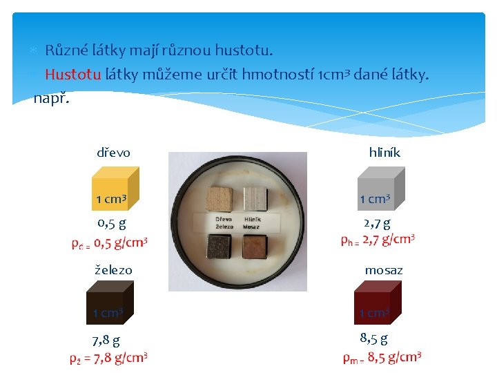  Různé látky mají různou hustotu. Hustotu látky můžeme určit hmotností 1 cm 3