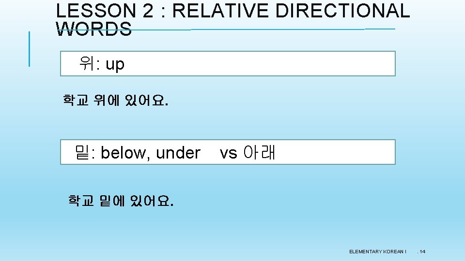 LESSON 2 : RELATIVE DIRECTIONAL WORDS 위: up 학교 위에 있어요. 밑: below, under LESSON 2 : RELATIVE DIRECTIONAL WORDS 위: up 학교 위에 있어요. 밑: below, under