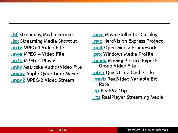 . lsf Streaming Media Format . lsx Streaming Media Shortcut . m 1 v