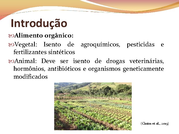 Introdução Alimento orgânico: Vegetal: Isento de agroquímicos, pesticidas e fertilizantes sintéticos Animal: Deve ser