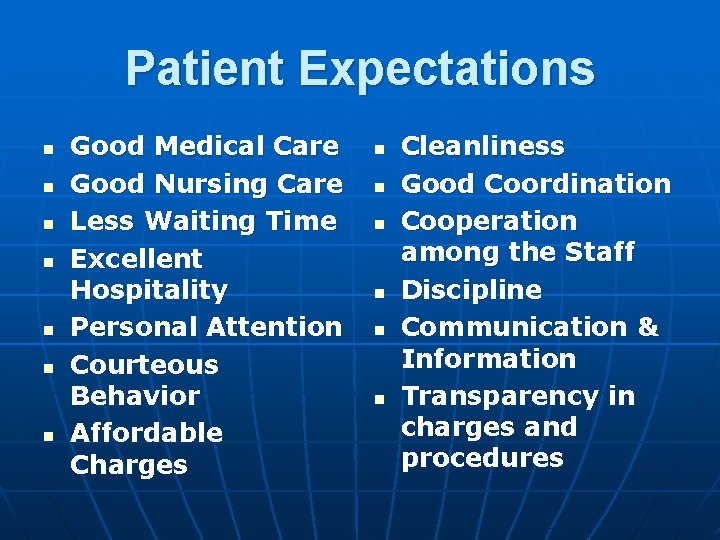 Patient Expectations n n n n Good Medical Care Good Nursing Care Less Waiting Patient Expectations n n n n Good Medical Care Good Nursing Care Less Waiting