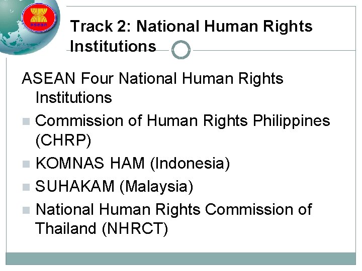 Track 2: National Human Rights Institutions ASEAN Four National Human Rights Institutions n Commission