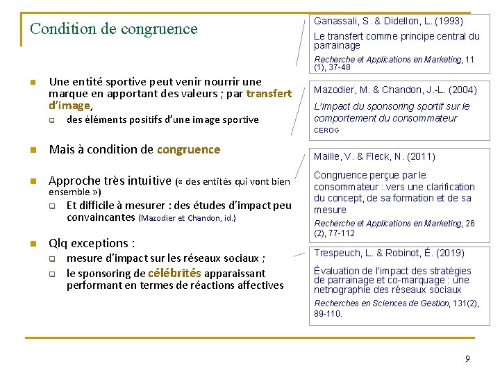 Condition de congruence Ganassali, S. & Didellon, L. (1993) Le transfert comme principe central