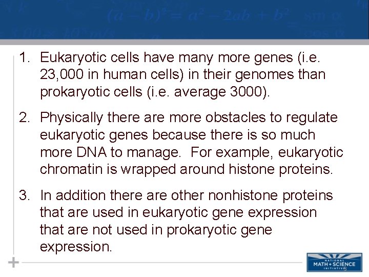 1. Eukaryotic cells have many more genes (i. e. 23, 000 in human cells)