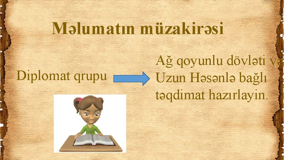 Məlumatın müzakirəsi Diplomat qrupu Ağ qoyunlu dövləti və Uzun Həsənlə bağlı təqdimat hazırlayin. 