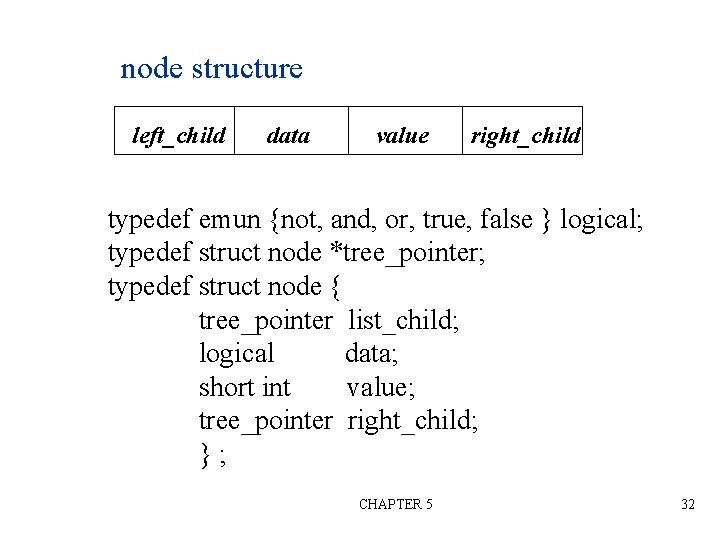 node structure left_child data value right_child typedef emun {not, and, or, true, false }