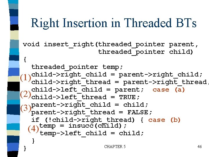 Right Insertion in Threaded BTs void insert_right(threaded_pointer parent, threaded_pointer child) { threaded_pointer temp; =