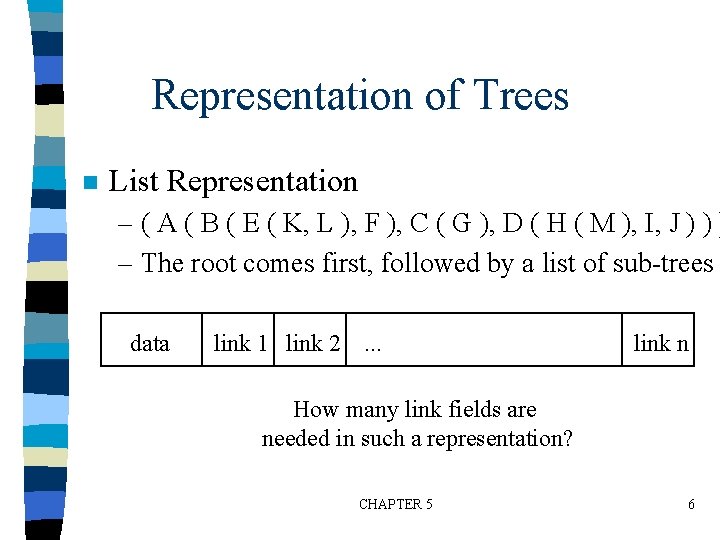 Representation of Trees n List Representation – ( A ( B ( E (