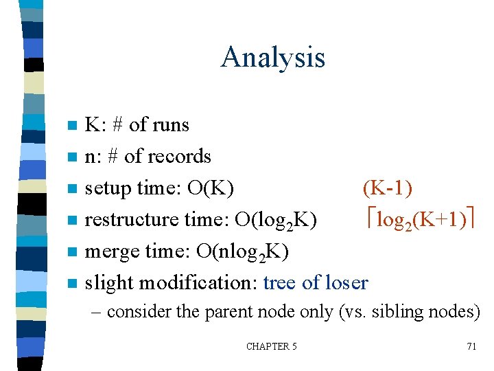 Analysis n n n K: # of runs n: # of records setup time: