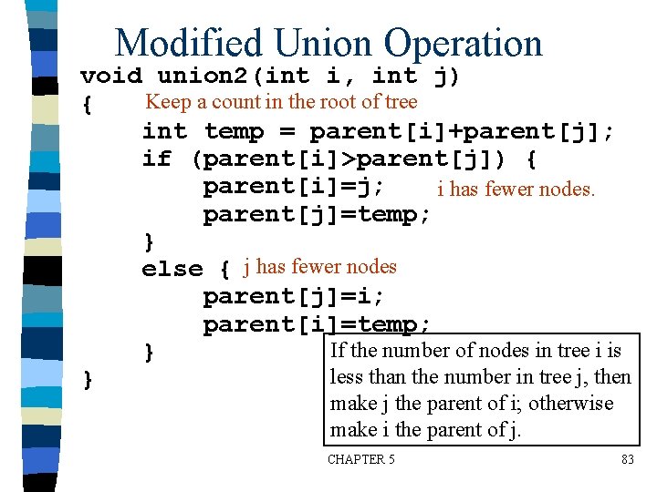 Modified Union Operation void union 2(int i, int j) Keep a count in the