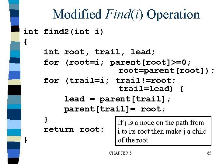 Modified Find(i) Operation int find 2(int i) { int root, trail, lead; for (root=i;