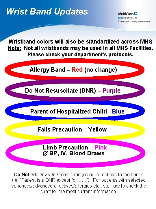 Wrist Band Updates Wristband colors will also be standardized across MHS Note: Not all