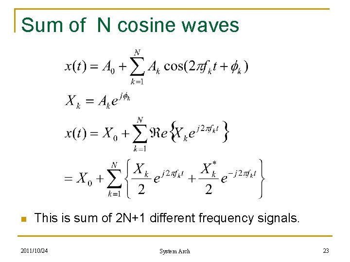 Sum of N cosine waves n This is sum of 2 N+1 different frequency Sum of N cosine waves n This is sum of 2 N+1 different frequency