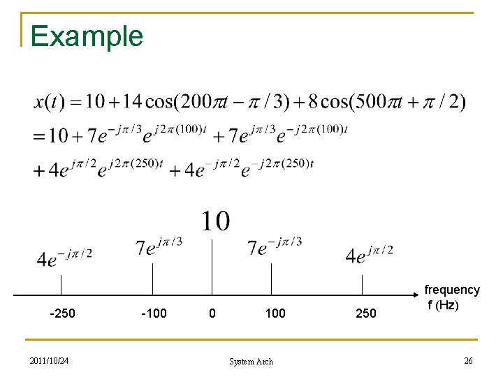 Example -250 2011/10/24 -100 0 100 System Arch 250 frequency f (Hz) 26 Example -250 2011/10/24 -100 0 100 System Arch 250 frequency f (Hz) 26